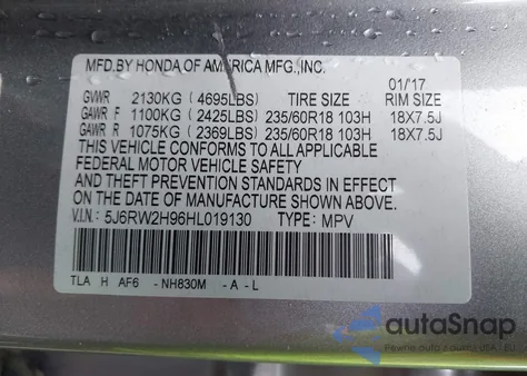 2017 Honda Cr-V Touring z USA, uszkodzony, nr VIN 5J6RW2H96HL019130